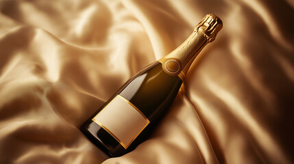Luxurious champagne bottle on silky golden fabric, perfect for celebrations and special occasions, evoking elegance and sophistication.