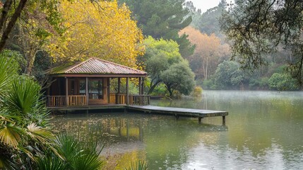 Obraz premium A serene lakeside cabin surrounded by autumn foliage, reflecting nature's beauty and tranquility.