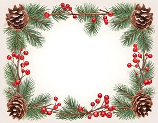 A festive holiday christmas frame decorated with pine branches, pine cones, and bright red berries
