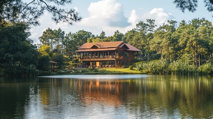 A serene lakeside view showcasing a wooden house surrounded by lush trees and a clear sky, perfect for nature enthusiasts.