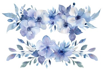 Blue And Purple Floral Wedding Invitation Template Set with Beautiful Watercolor Flowers and Greenery Decoration
