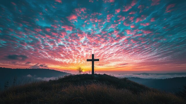 A serene landscape featuring a cross silhouette against a vibrant sunset sky, symbolizing hope and peace in nature.