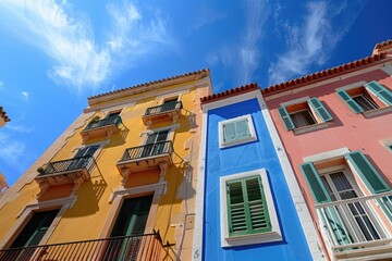 Blue Fonts and Colourful View of Placa de S'Esplanada against Blue Sky in Cales Fonts, Menorca, Balearic Islands, Spain