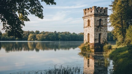 A serene landscape featuring a vintage tower by a tranquil lake surrounded by lush greenery under a clear blue sky.