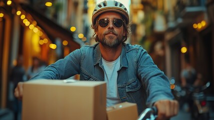 Obraz premium male courier with bicycle ,sunglasses delivering packages in city