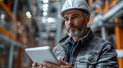 man engineer with tablet on construction site looking at blueprints
