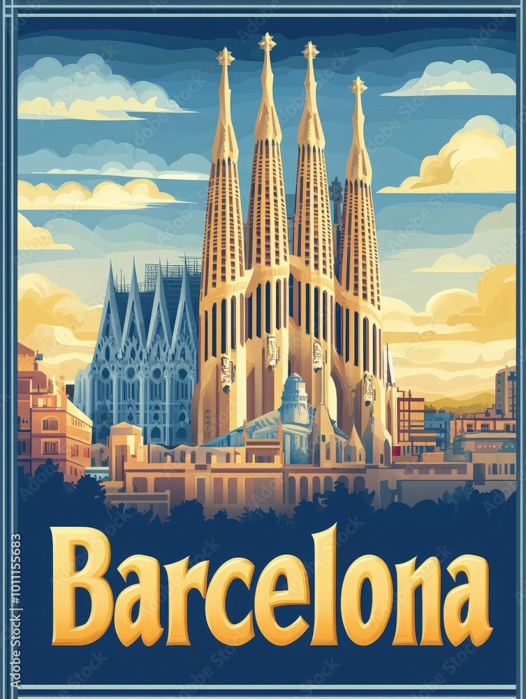 Wall mural this vintage travel poster captures the essence of barcelona, showcasing the magnificent architectur