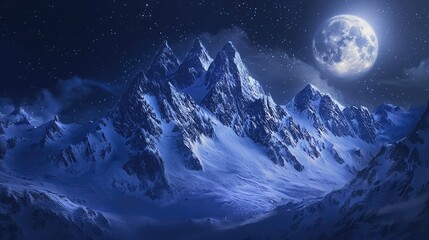 A serene night landscape featuring majestic mountains under a bright moon, enveloped in a tranquil blue atmosphere.