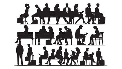 men, women, teenagers and child, a group of sitting on a bench vector illustration design black and white art