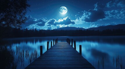 A serene nighttime scene featuring a wooden dock extending into a tranquil lake under a glowing full moon.