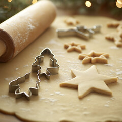 Christmas cookie dough with holiday-shaped cutters and rolling pin