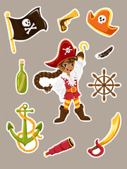 Cartoon pirate elements. Halloween stickers with a pirate girl character, flag, steering wheel, anchor, sword, gun, pirates adventure vector set. Illustration of a child in a Halloween pirate costume