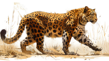 Fototapeta premium Leopard walking confidently through dry grassland 