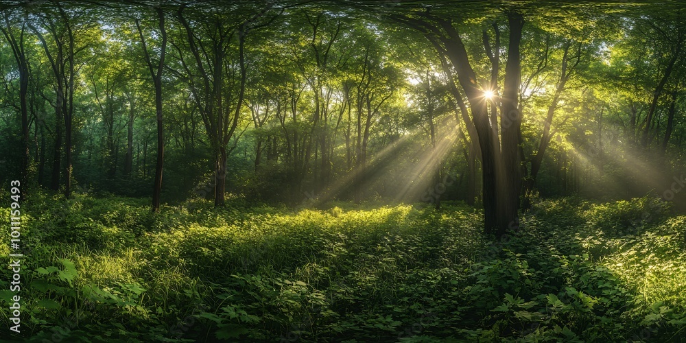 Poster sunlight shines through the trees in a lush green forest, illuminating the path ahead with a magical