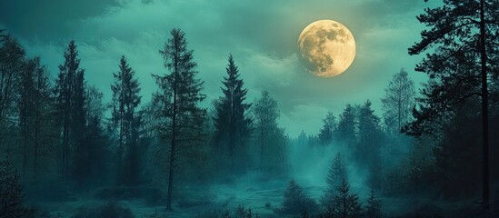 Mystical Full Moon over Foggy Forest