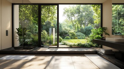 A serene view from a modern interior showcasing lush greenery through large glass windows, blending nature with contemporary design.