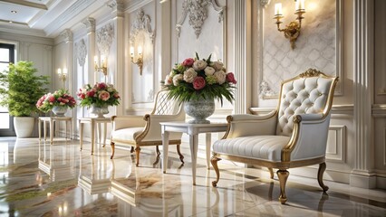 Fototapeta premium Elegant white chairs in a polished marble hallway adorned with a beautiful bouquet of flowers for a luxurious