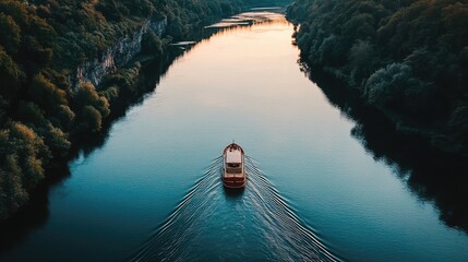 Fototapeta premium A serene view of a boat gliding through calm waters surrounded by lush greenery under a beautiful sunset sky.