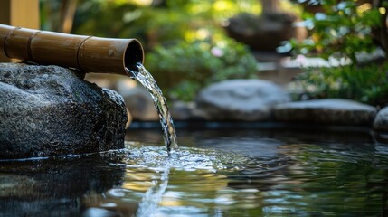 A serene water feature with bamboo, gently flowing into a calm pond surrounded by lush greenery and tranquil stones.