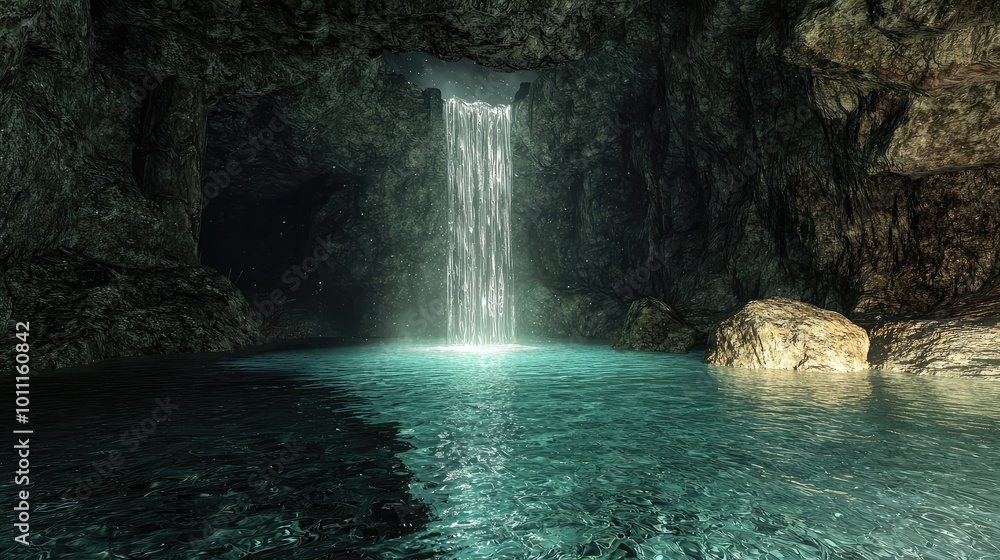 Aufkleber a serene waterfall cascading into a tranquil pool, surrounded by rocks in a captivating cave setting
