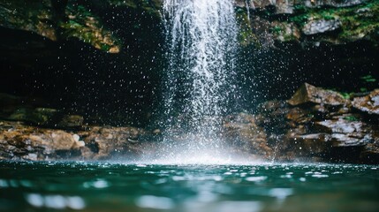 A serene waterfall cascading into a tranquil pool, surrounded by lush greenery and rocky formations, capturing nature's beauty.