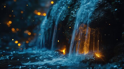 A serene waterfall cascading over rocks, illuminating the surroundings with warm light and creating a peaceful atmosphere.