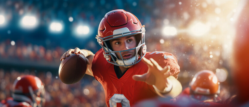Quarterback throwing a pass in an intense football game