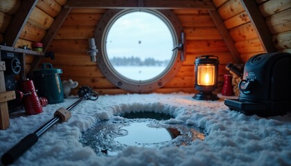 Cozy ice fishing hut interior, warm atmosphere, ice fishing hole by window, winter setting