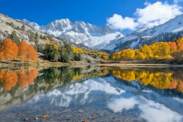 Obraz premium A crystal-clear lake at the base of snow-dusted mountains, surrounded by trees ablaze with autumn colors. The reflection of the mountain and the colorful trees mirrors perfectly on the lake