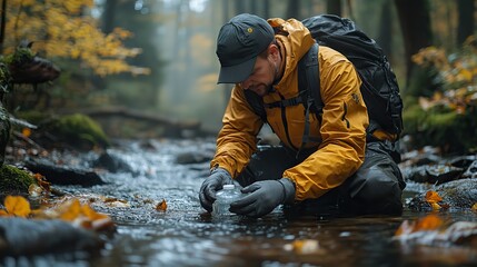 person collecting water sample from stream highlighting water quality monitoring in watershed management
