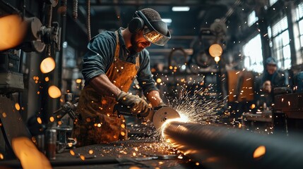 A skilled worker using a cutting tool in a workshop, surrounded by sparks and machinery, showcasing precision in metal fabrication.