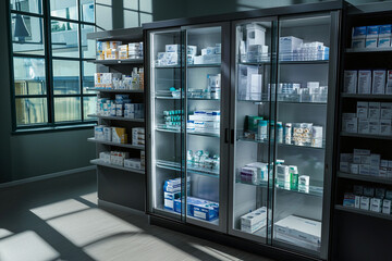 a temperature-controlled medical cabinet with glass doors, organized shelves of supplie