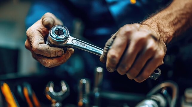 A skilled mechanic holds a wrench, showcasing hands-on work in an automotive repair environment, emphasizing precision and craftsmanship.