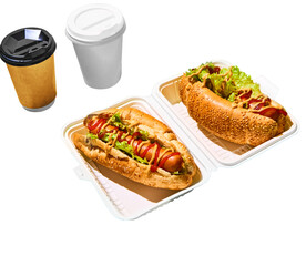 Hot tasty American hotdogs with sausages in mustard and ketchup with green salad and paper cups against transparent background. Concept of fast food, street food, delivery services.