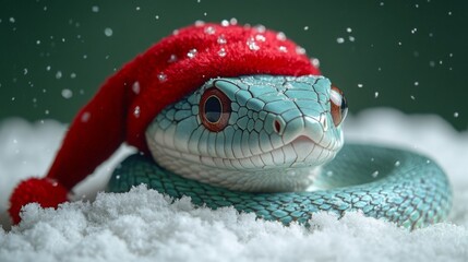 Merry Christmas and Happy New year 2025 with cute snake in xmas hat. Banner with copy space. Animal...