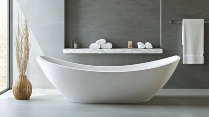 Modern Freestanding Bathtub in Minimalist Bathroom, Elegant Bathroom Interior Design with White Tub.