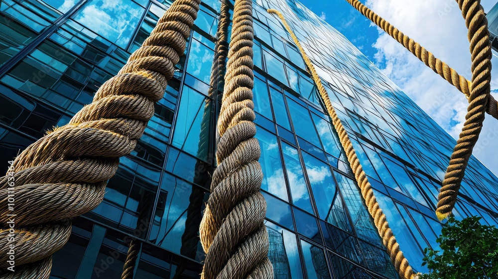 Poster a striking view of a modern building with large ropes hanging down, reflecting the sky and creating 