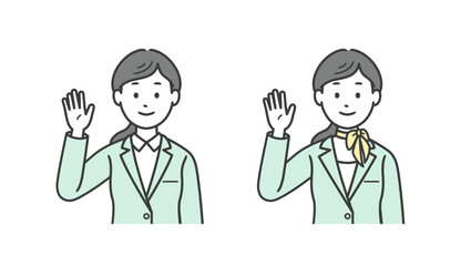 片手を上げて挨拶をする女性ビジネスマンの上半身イラスト
