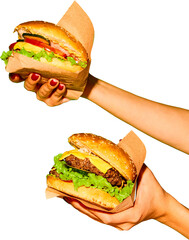 Delicious fast-food. Hands holds appetizing hot hamburger and cheeseburger in paper against...