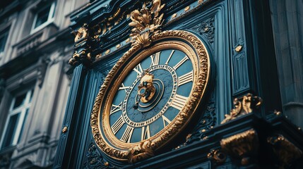 Obraz premium A stunning close-up of a vintage clock showcasing intricate details and elegant craftsmanship in gold and teal hues.