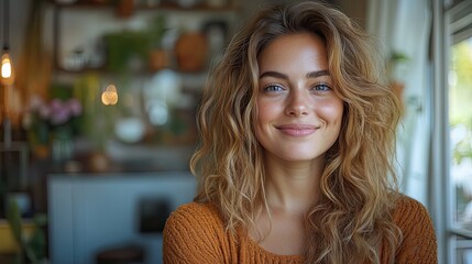 Fototapeta premium portrait of beautiful young overweight woman at home standing in front of mirror looking at herself feeling happy ,contented