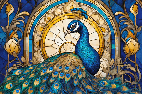 Fantasy abstract portrait of an elegant peacock tropical exotic bird animal with a colorful stained glass decoration.

