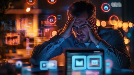 man holding his head in frustration while surrounded by digital interfaces and notifications, symbolizing stress, digital overload, and the challenges of managing information in a high-tech work envir