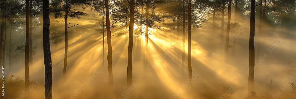 Aufkleber sunlight streams through a dense forest, illuminating the mist and creating a magical atmosphere.