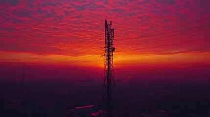 A stunning sunset silhouette of a communication tower against vibrant purple and orange clouds, showcasing nature and technology.