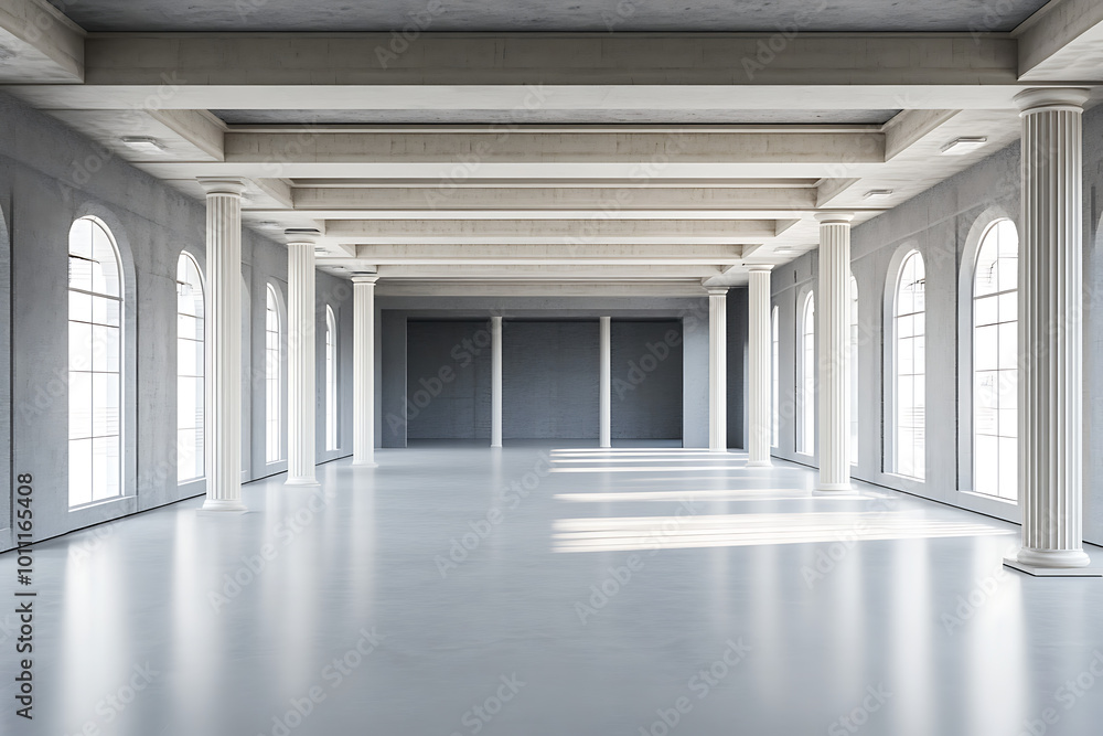 Poster spacious empty interior with columns and windows. 3d rendering