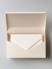 Elegant open envelope with a blank card, soft neutral tones, perfect for invitations or personal notes.