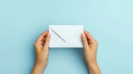 Fototapeta premium Hands holding a white envelope on a blue background, perfect for conveying messaging or correspondence themes.