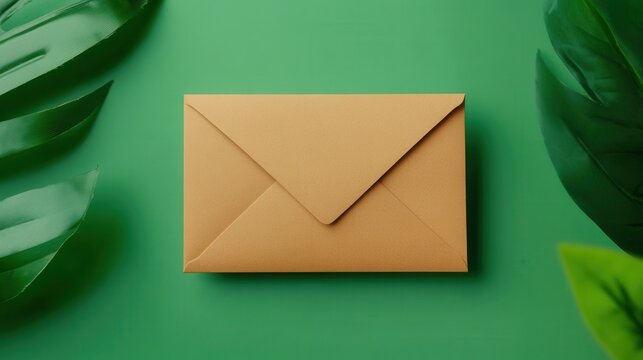 Craft paper envelope on green background with tropical leaves, perfect for personal messages and invitations.