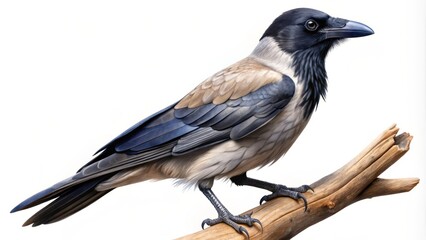 Fototapeta premium Hooded Crow Perched on Branch Isolated on White Background - Large Brown and Grey Feathers Bird Side View